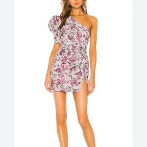 REVOLVE Floral One-Shoulder Mini Dress - Pink and White